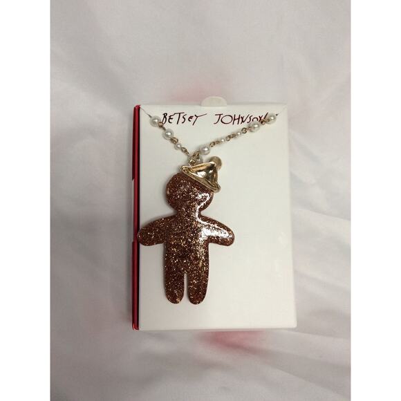 New Betsey Johnson Gingerbread Man Santa Claus Glitter Holiday Pendant Necklace - Picture 2 of 6